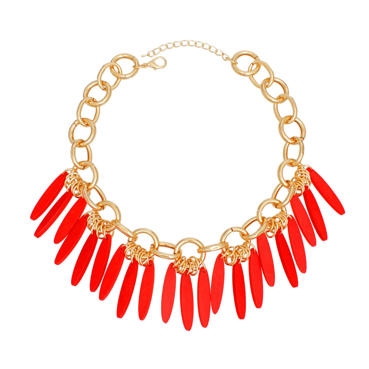 Gold Tone Chunky Necklace Red Wood Fringe Statement Jewelry