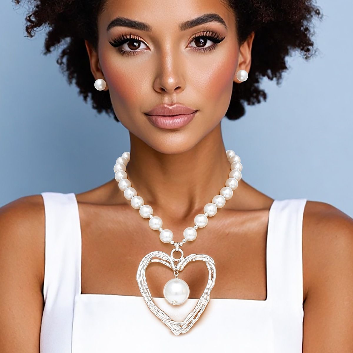 Open Heart Pendant White Pearl Necklace Set Matching Earrings | Fashion Jewelry