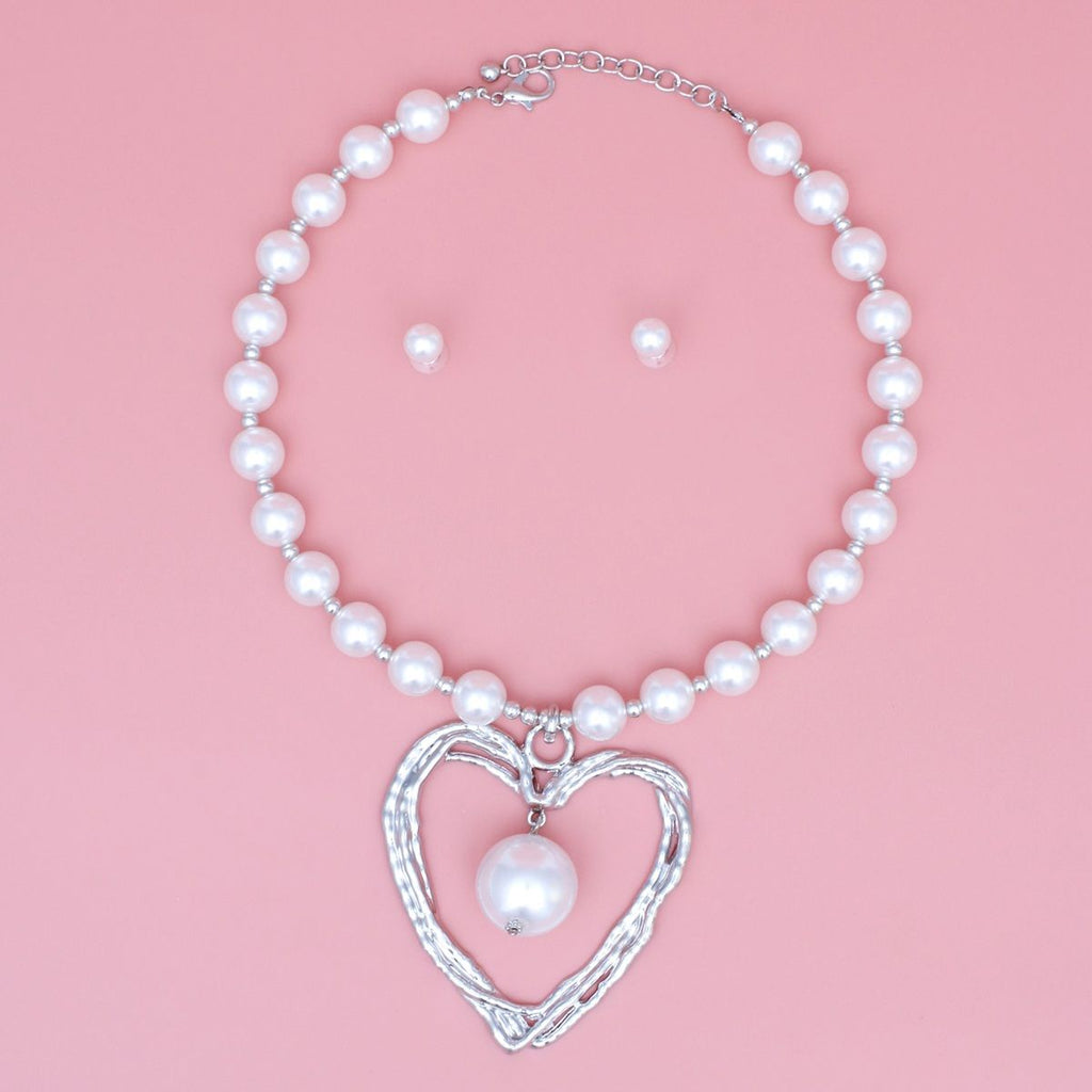 Open Heart Pendant White Pearl Necklace Set Matching Earrings | Fashion Jewelry