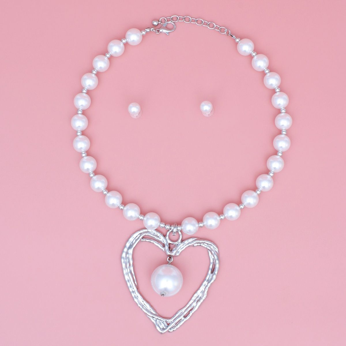Open Heart Pendant White Pearl Necklace Set Matching Earrings | Fashion Jewelry