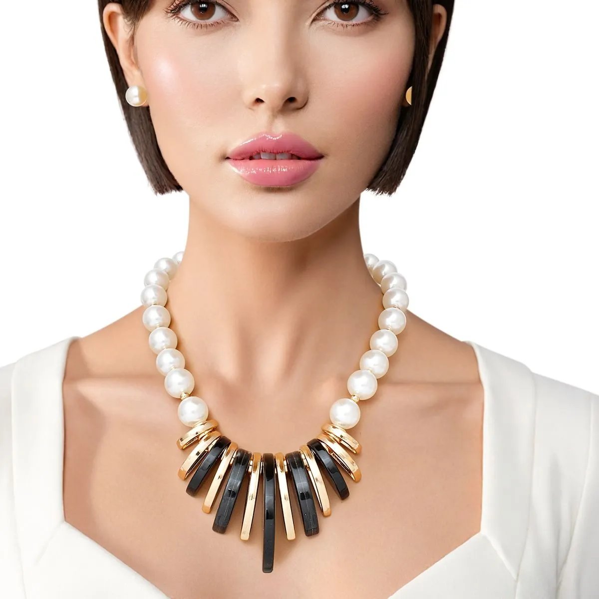 Bold Grace Pearl Statement Necklace Set with Black & Gold Collar Accents