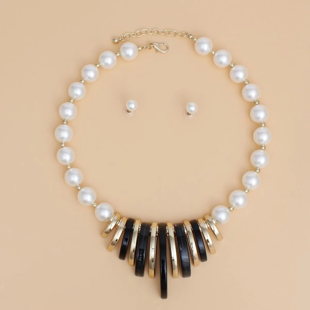 Bold Grace Pearl Statement Necklace Set with Black & Gold Collar Accents