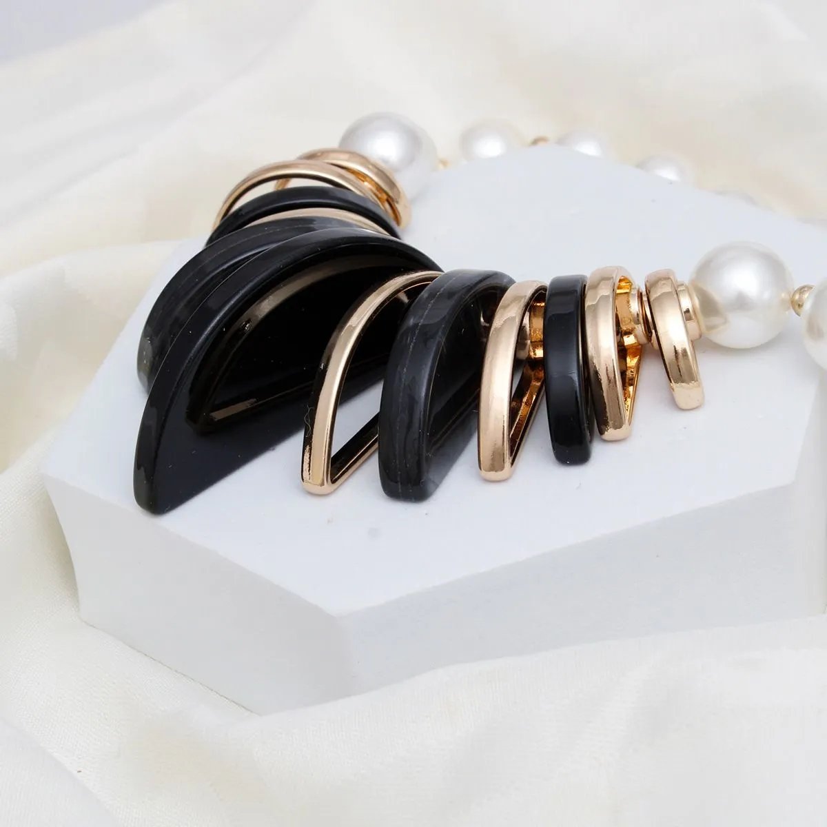 Bold Grace Pearl Statement Necklace Set with Black & Gold Collar Accents