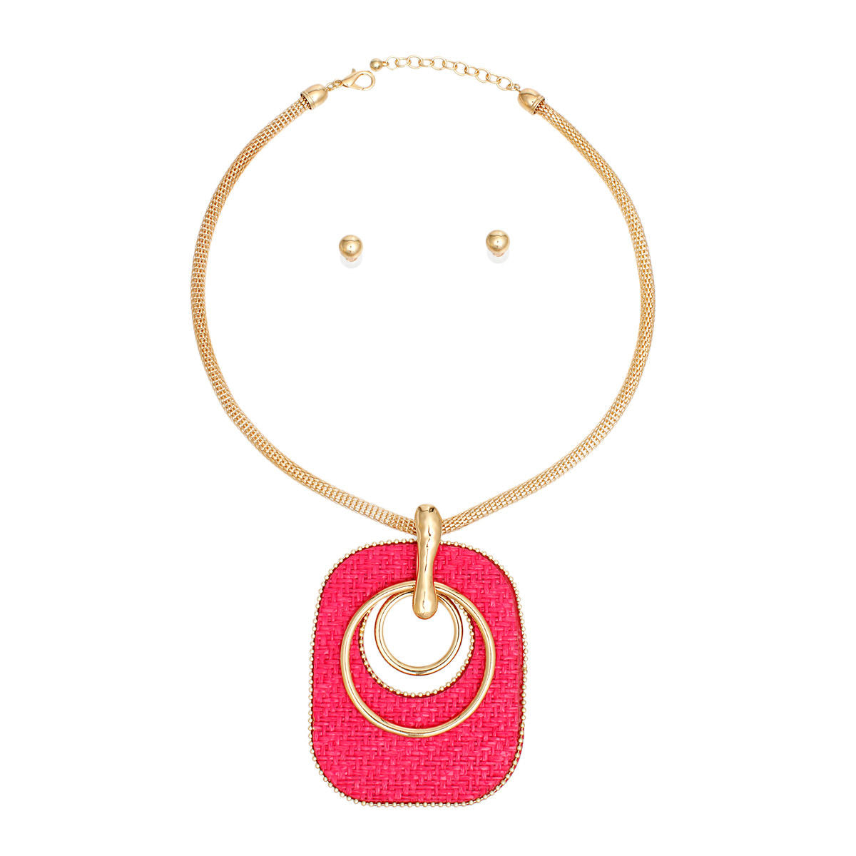 Quilted Raffia Pendant Necklace Gold Mesh Chain Set