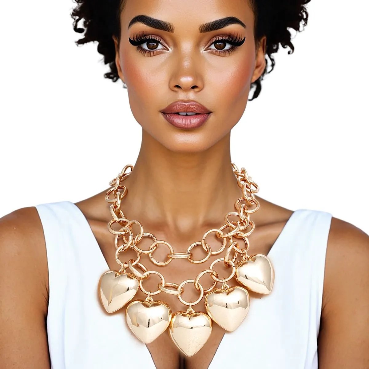 Women's Chunky Heart Chain Necklace - Polished Gold Statement Piece