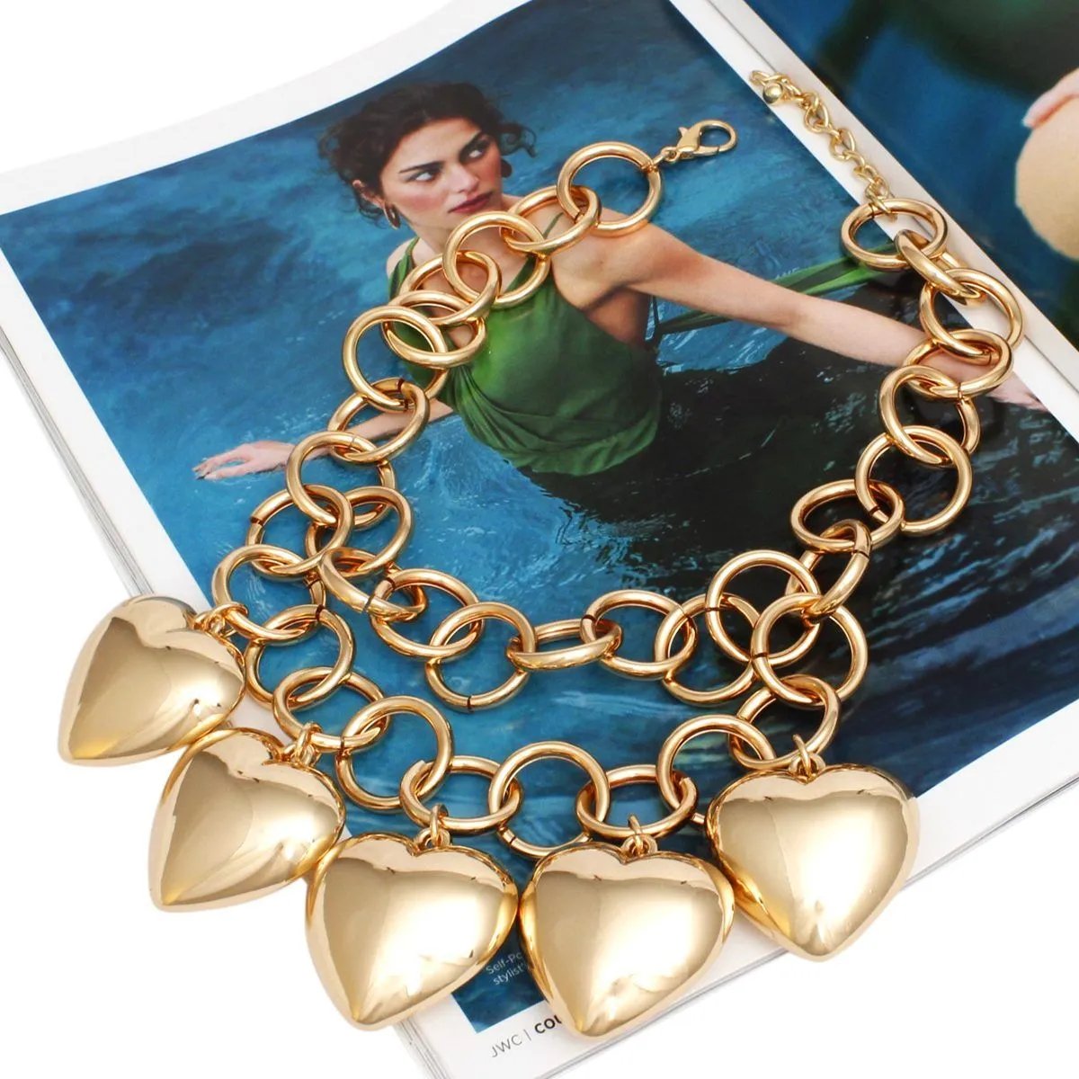 Women's Chunky Heart Chain Necklace - Polished Gold Statement Piece