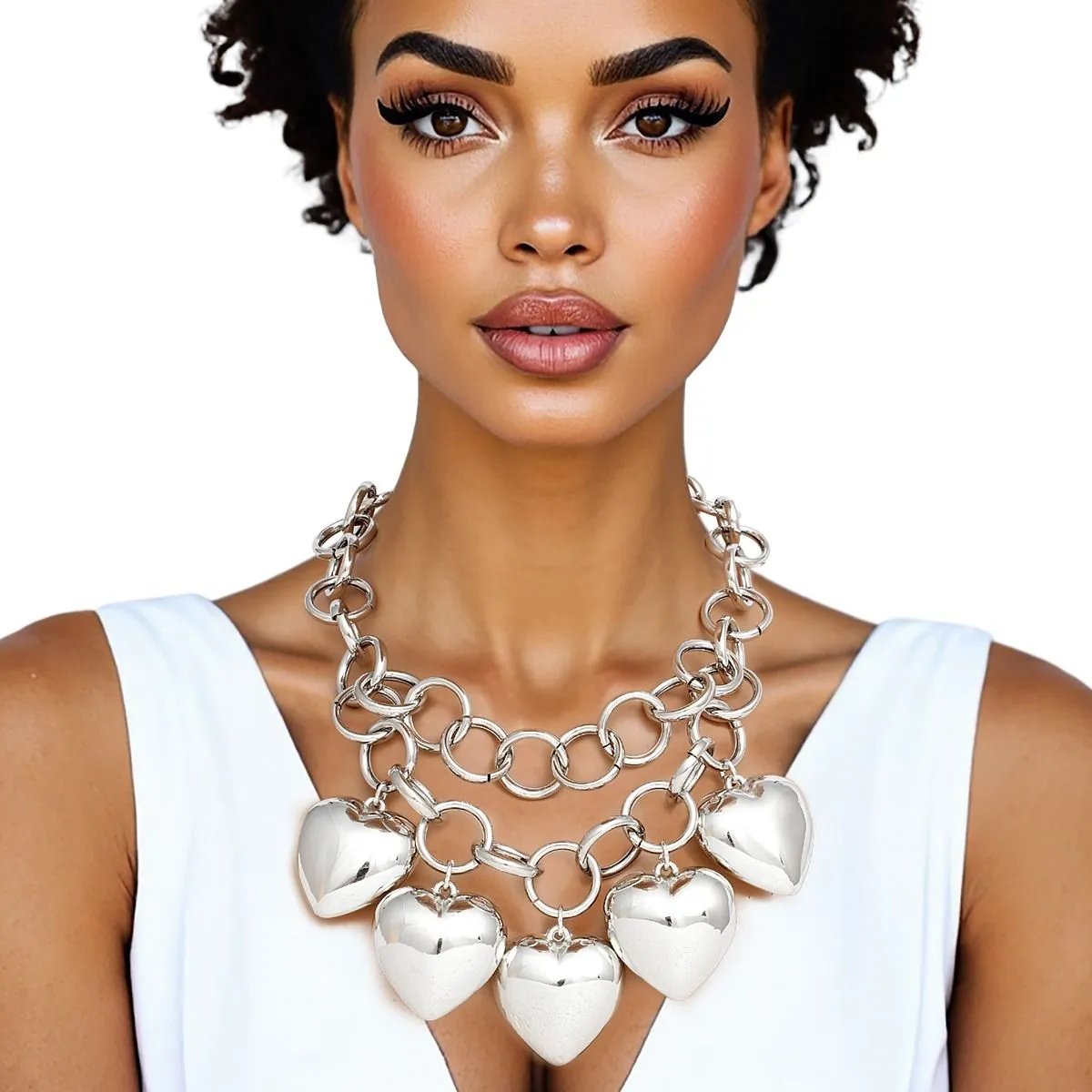 Women's Chunky Heart Chain Necklace - Polished Silver Statement Piece