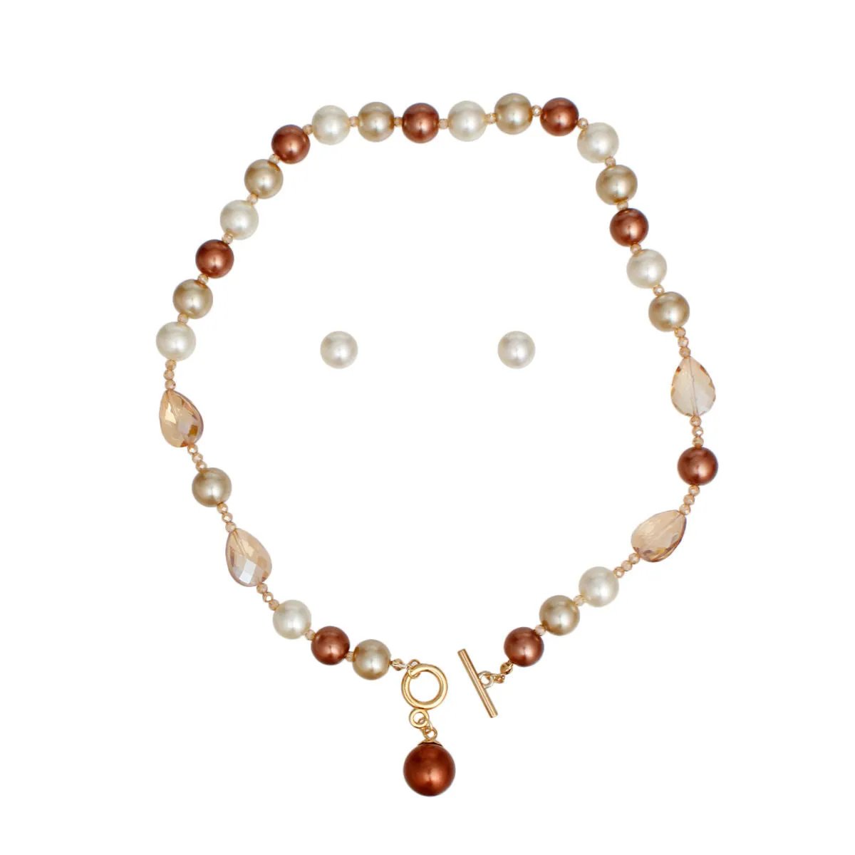 Brown & Cream Acrylic Pearl Necklace Set with Faceted Teardrop Beads and Gold Toggle Closure