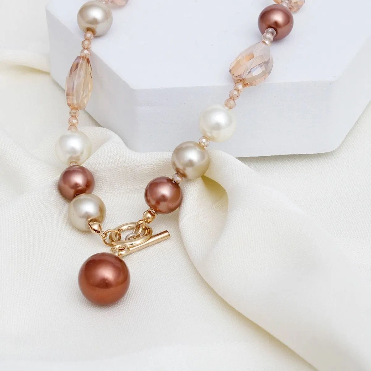 Brown & Cream Acrylic Pearl Necklace Set with Faceted Teardrop Beads and Gold Toggle Closure
