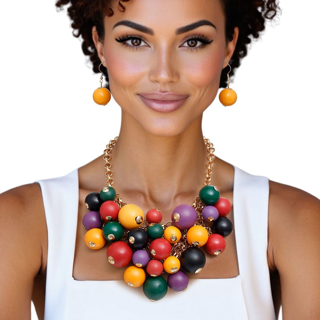 Dark Multicolor Wooden Bib Necklace Fashion Statement Jewelry Set