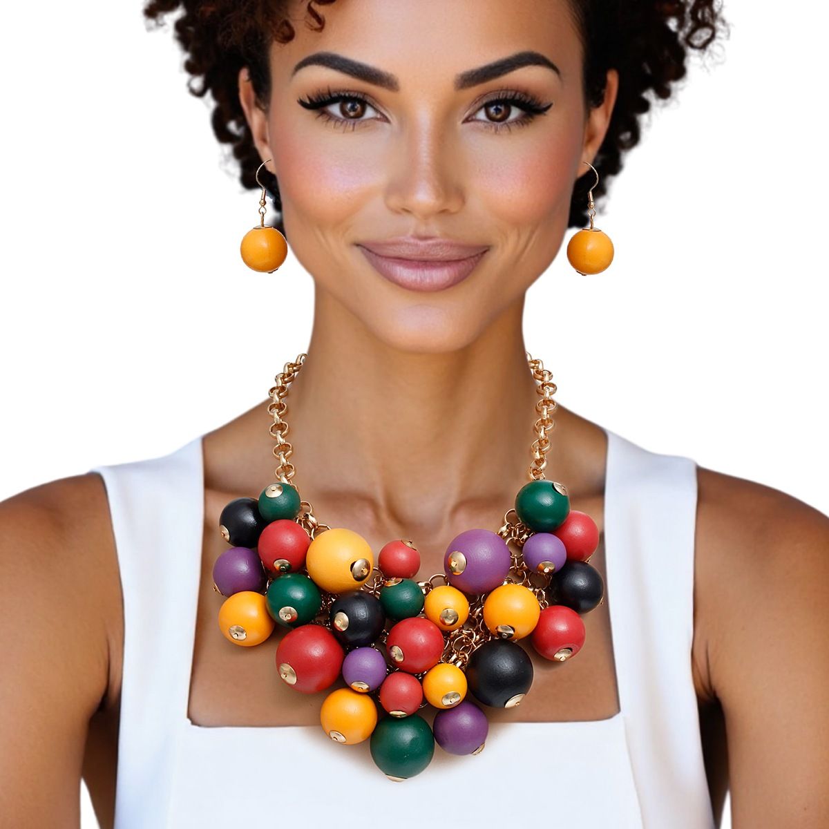 Dark Multicolor Wooden Bib Necklace Fashion Statement Jewelry Set