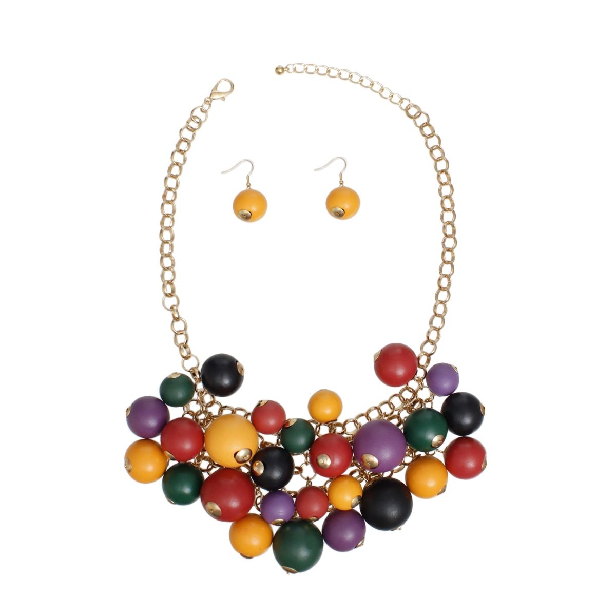 Dark Multicolor Wooden Bib Necklace Fashion Statement Jewelry Set