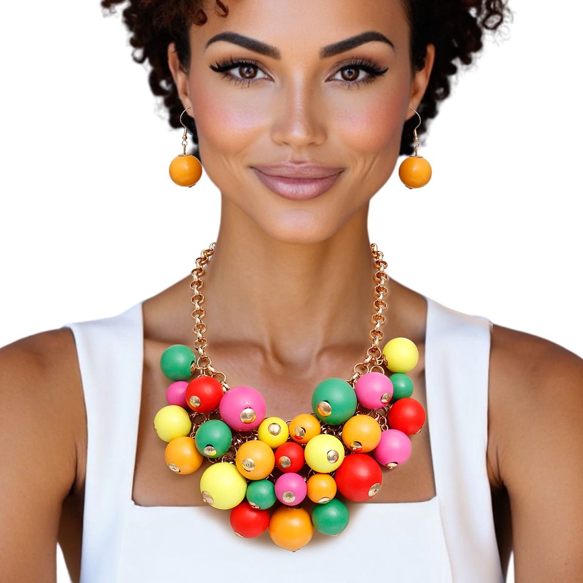 Rainbow Wooden Bib Necklace Fashion Statement Jewelry Set