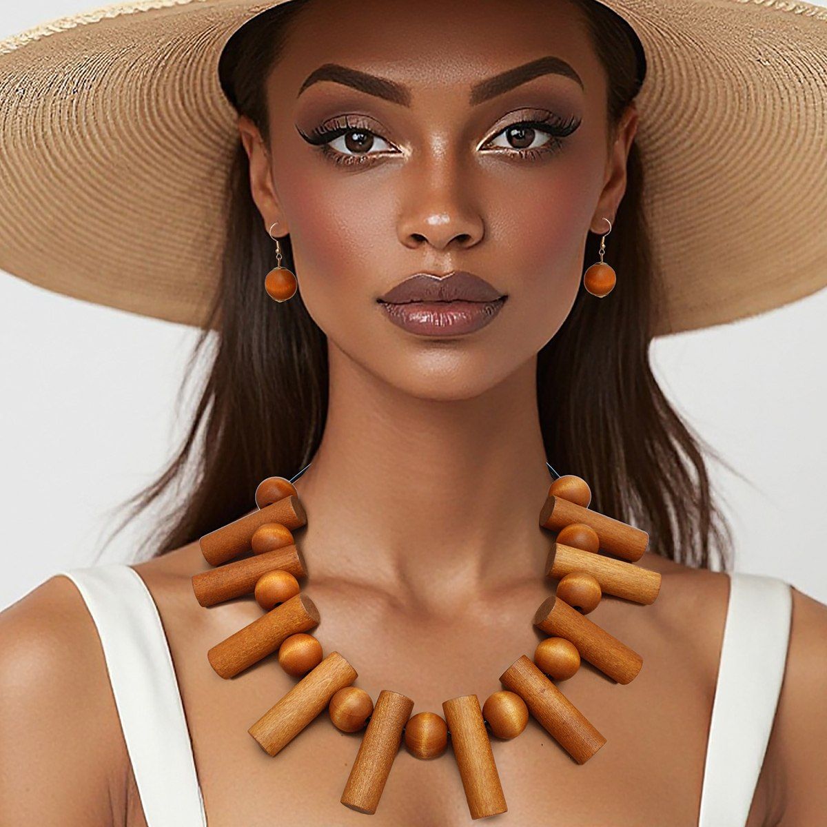 Brown Wood Bead Necklace Chunky Collar Set