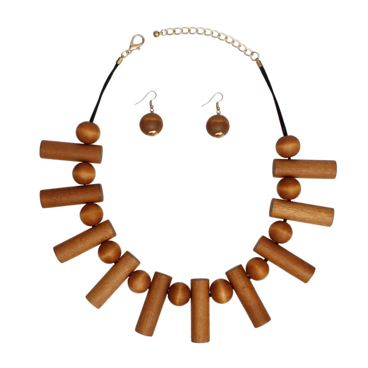Brown Wood Bead Necklace Chunky Collar Set