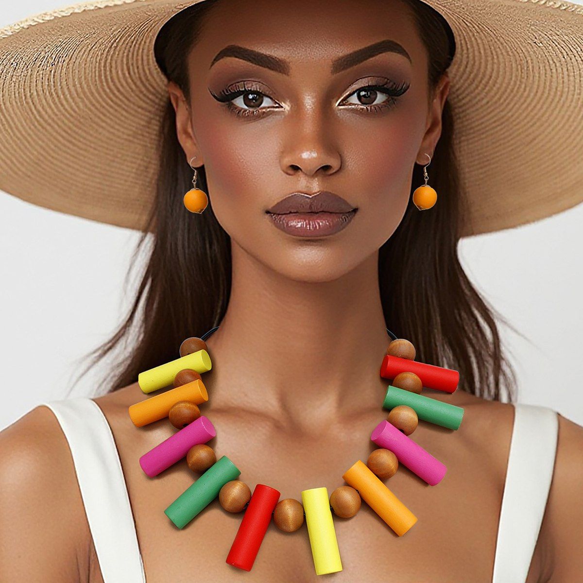 Black Cord Wood Bead Necklace Multicolor Collar Set