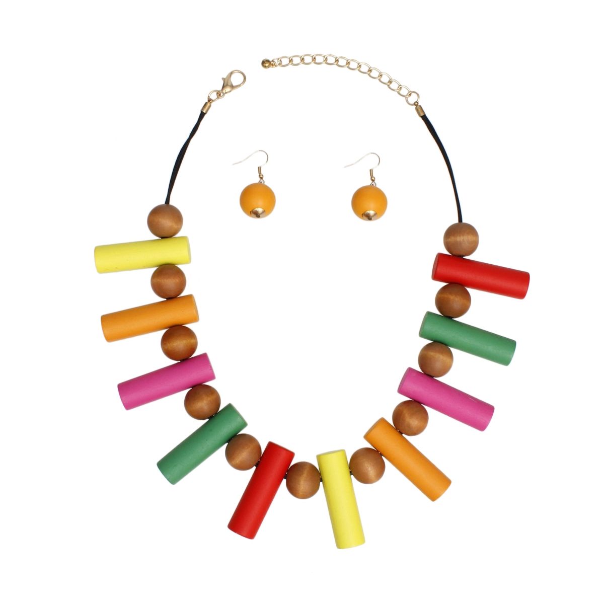 Black Cord Wood Bead Necklace Multicolor Collar Set