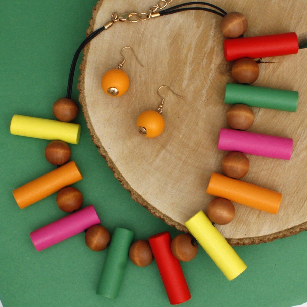 Black Cord Wood Bead Necklace Multicolor Collar Set