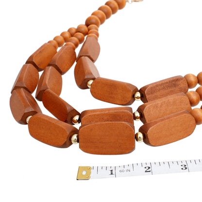 Elegant Women's Beaded Necklace Set - Brown Wood and Gold