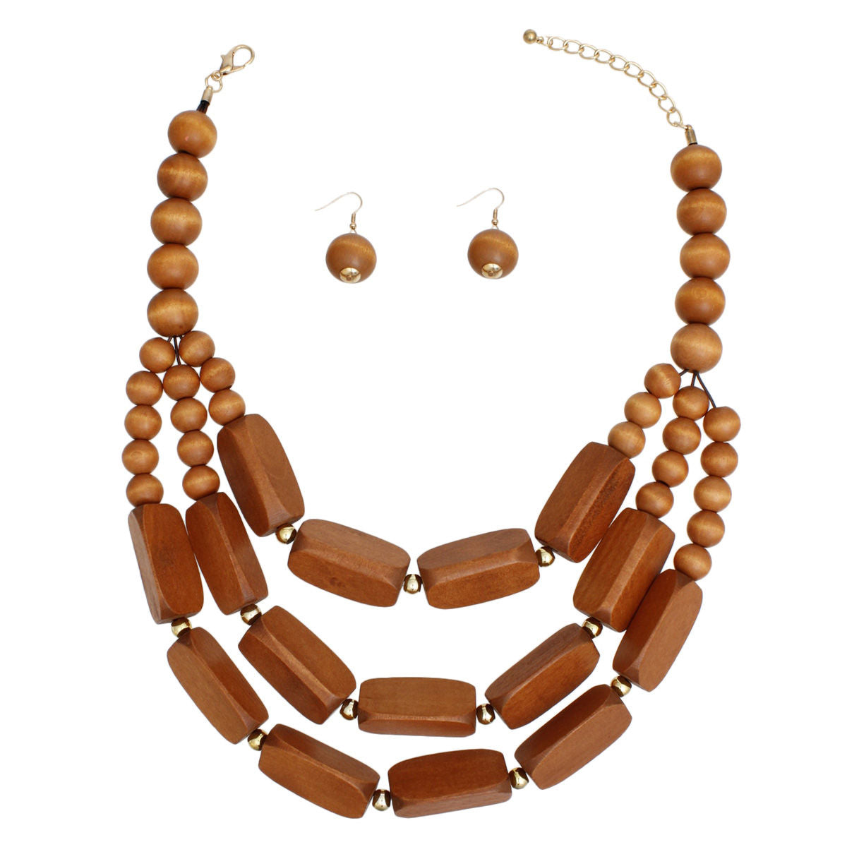 Elegant Women's Beaded Necklace Set - Brown Wood and Gold