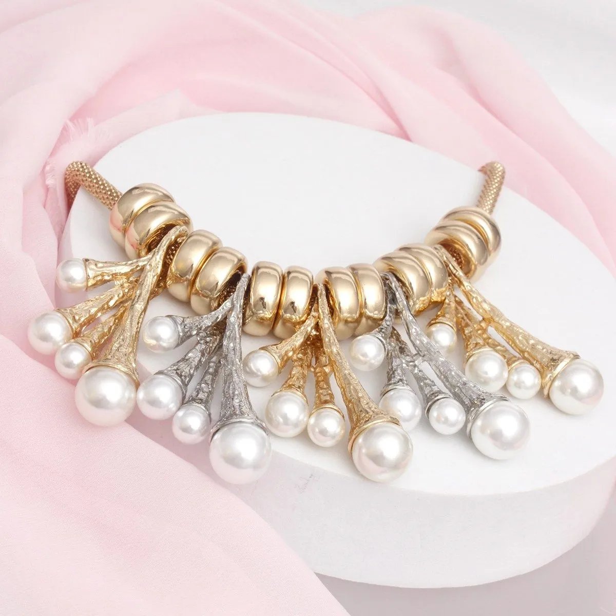 Gold-Tone Mixed Metal Mesh Chain Necklace with Acrylic Pearl Accents
