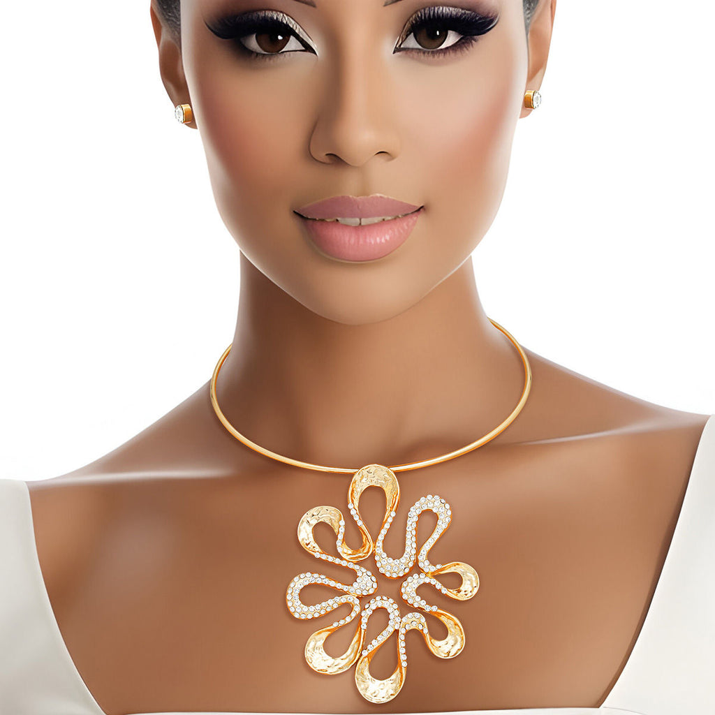 Gold Choker Necklace Set Floral Pendant & Rhinestone Studs | Fashion Jewelry