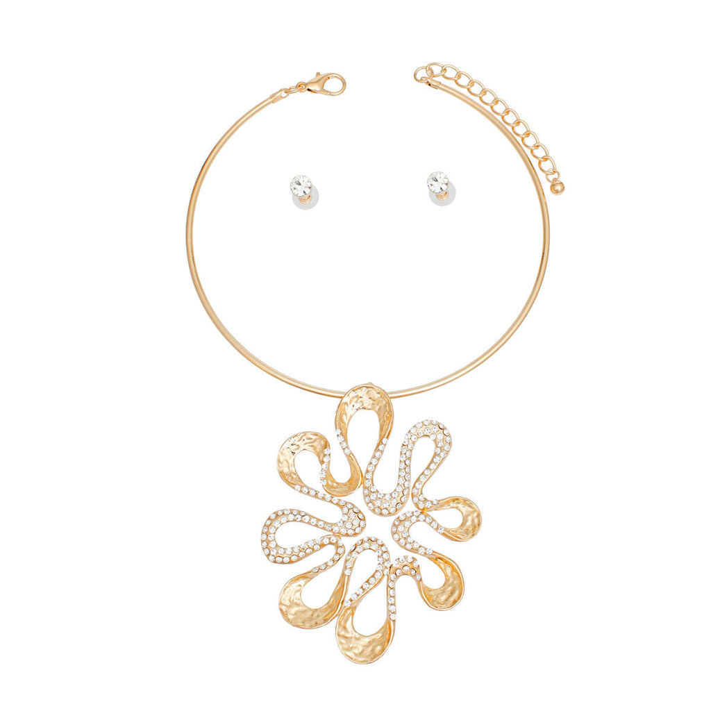 Gold Choker Necklace Set Floral Pendant & Rhinestone Studs | Fashion Jewelry