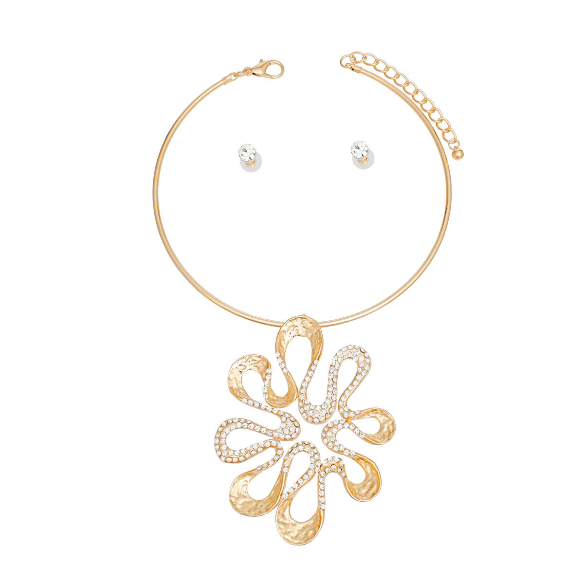 Gold Choker Necklace Set Floral Pendant & Rhinestone Studs | Fashion Jewelry