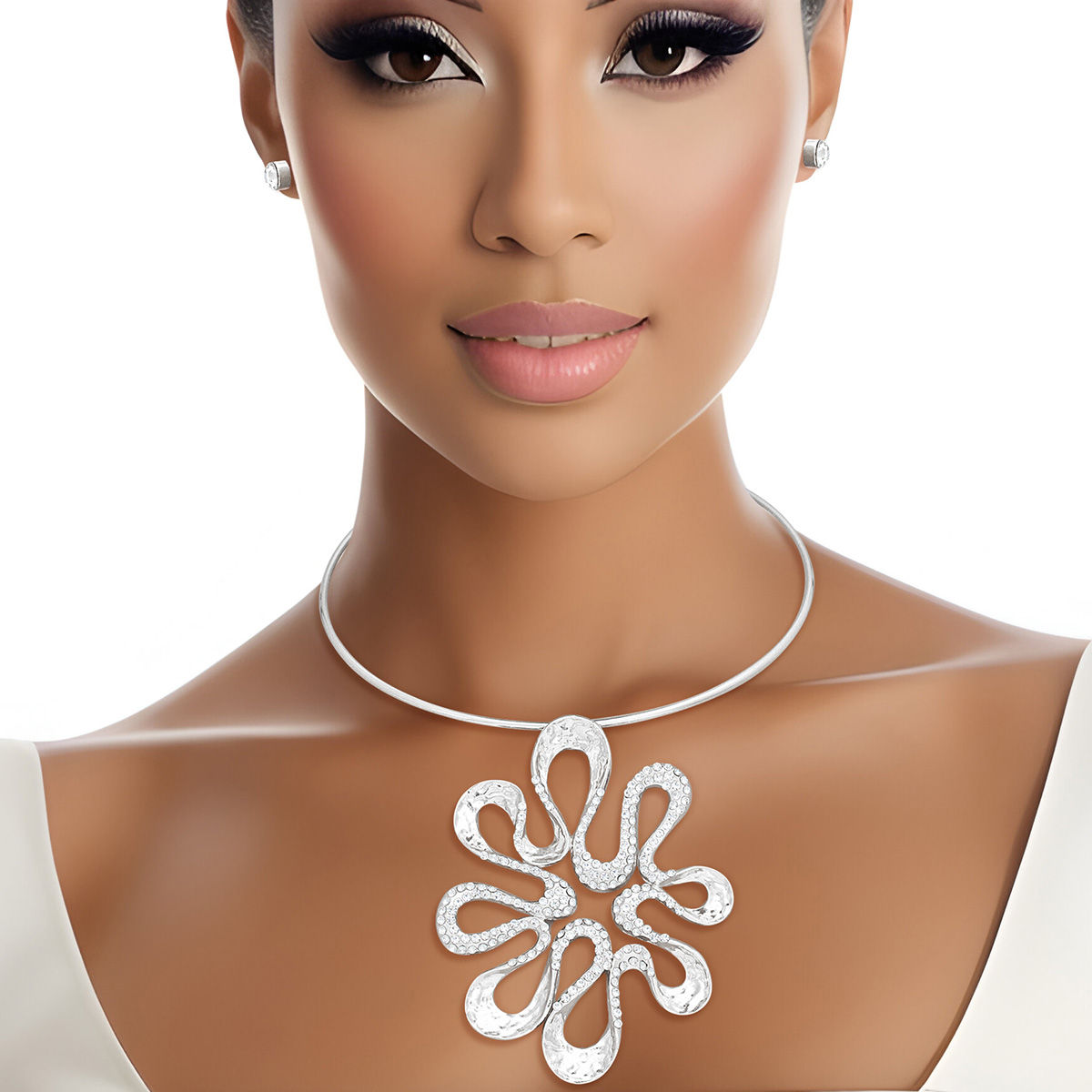 Silver Choker Necklace Set Floral Pendant & Rhinestone Studs | Fashion Jewelry