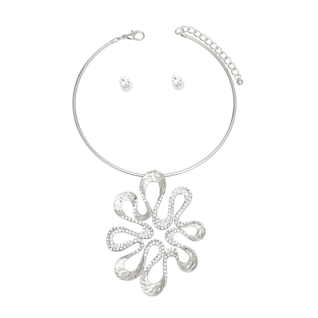 Silver Choker Necklace Set Floral Pendant & Rhinestone Studs | Fashion Jewelry