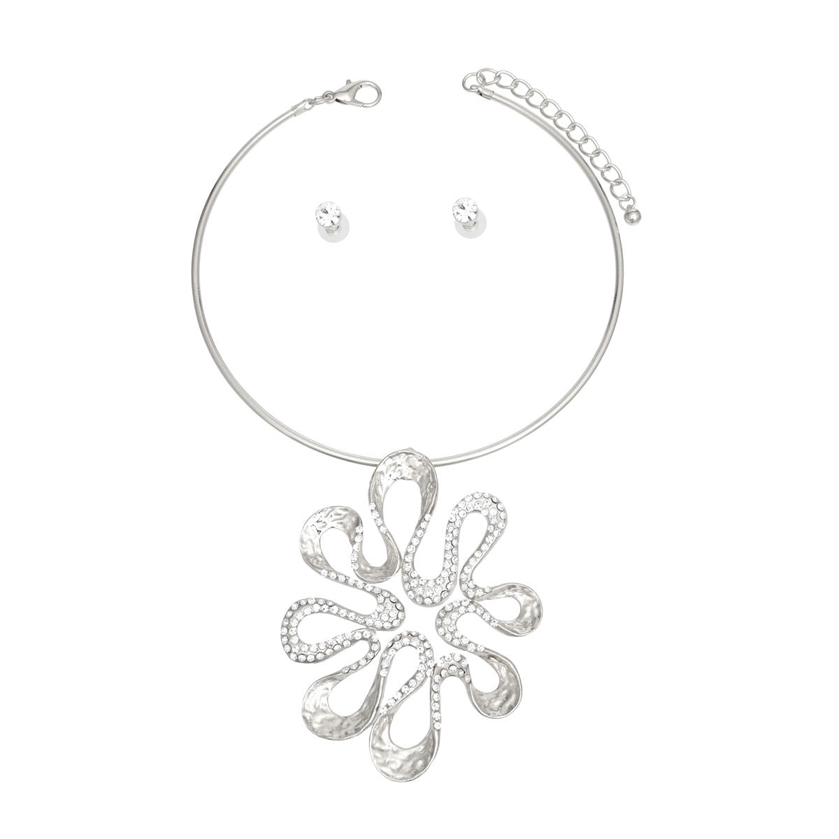 Silver Choker Necklace Set Floral Pendant & Rhinestone Studs | Fashion Jewelry