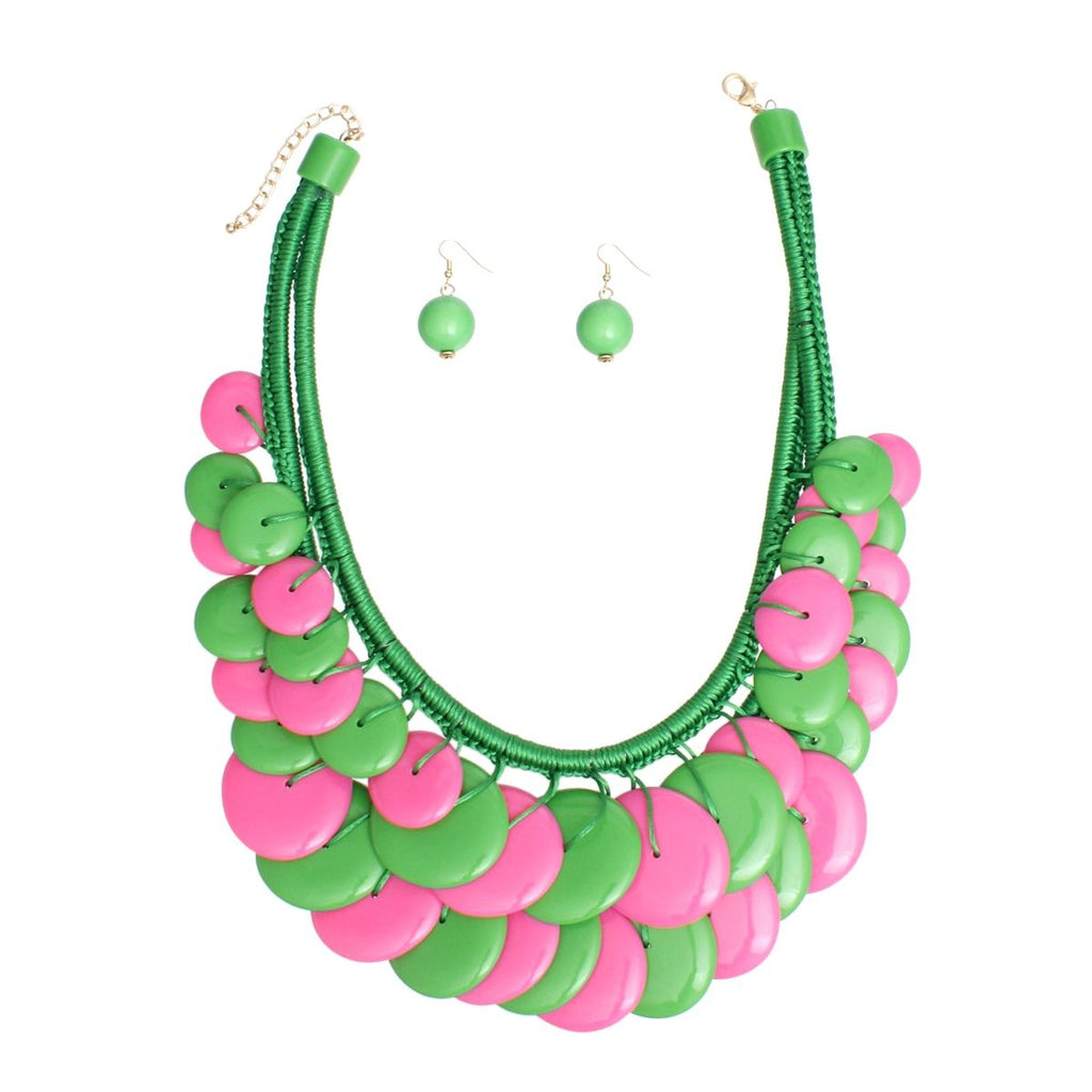 Green Pink Statement Necklace Set Double Layered Rope with Matching Earrings