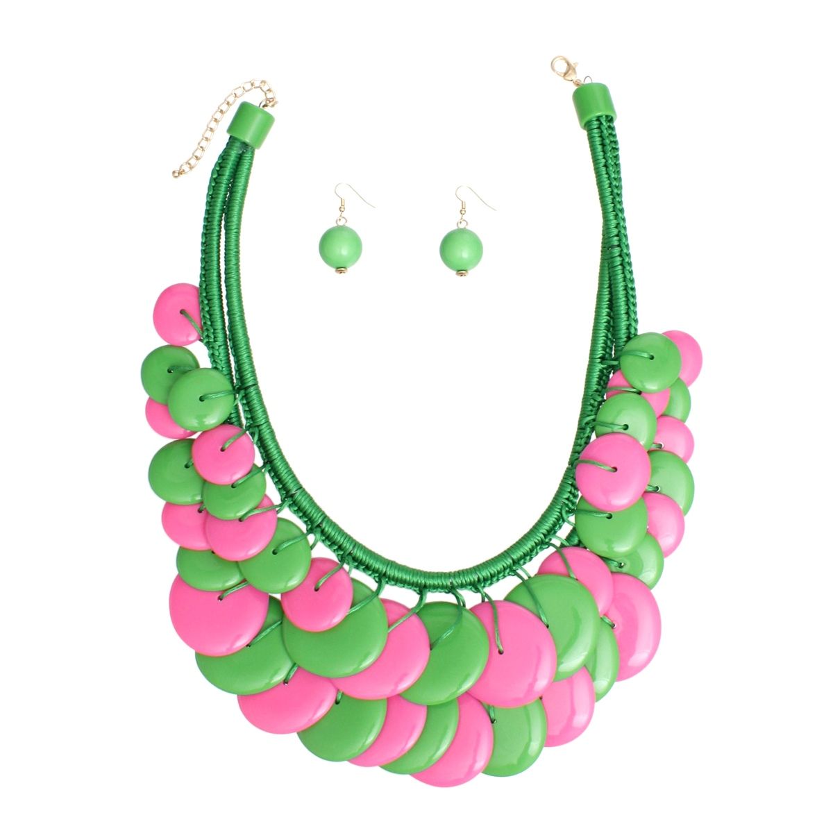 Green Pink Statement Necklace Set Double Layered Rope with Matching Earrings