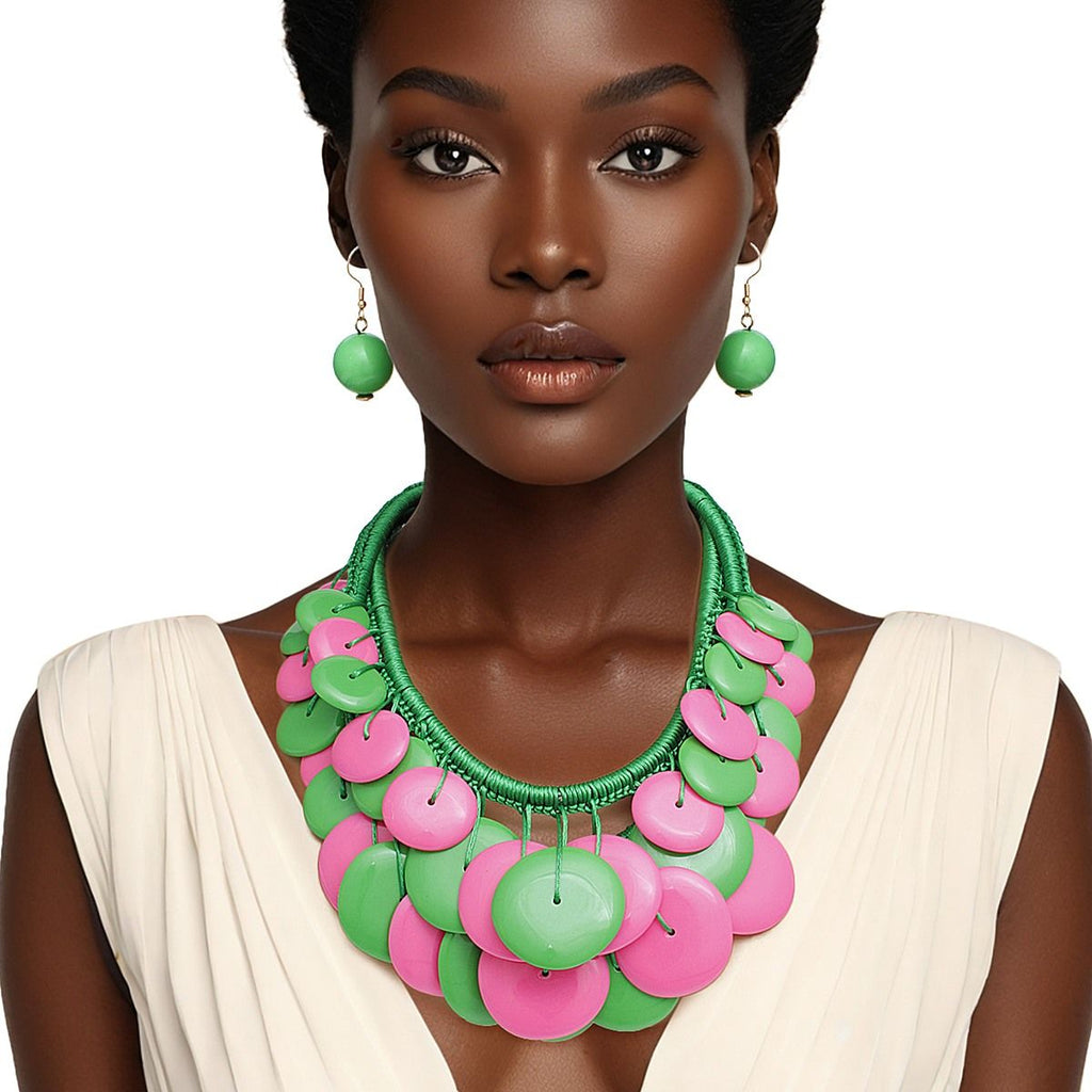 Green Pink Statement Necklace Set Double Layered Rope with Matching Earrings