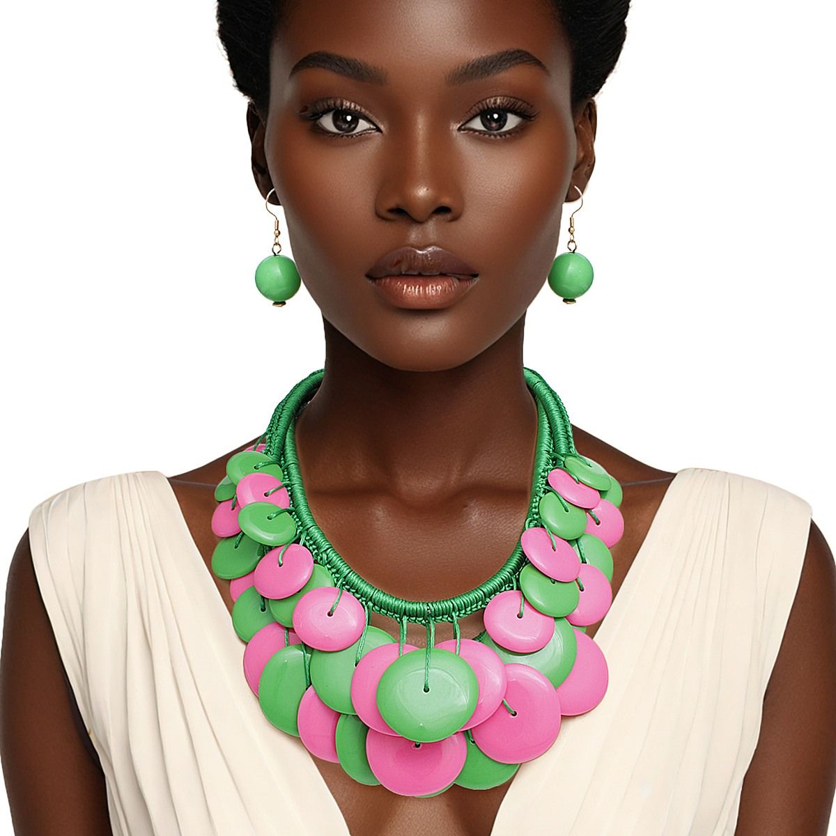 Green Pink Statement Necklace Set Double Layered Rope with Matching Earrings