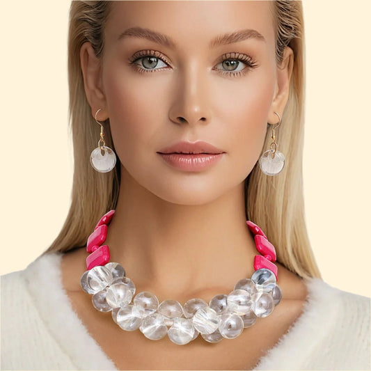 Elegance Meets Edge: Fuchsia & Clear Bubble Bead Necklace Set