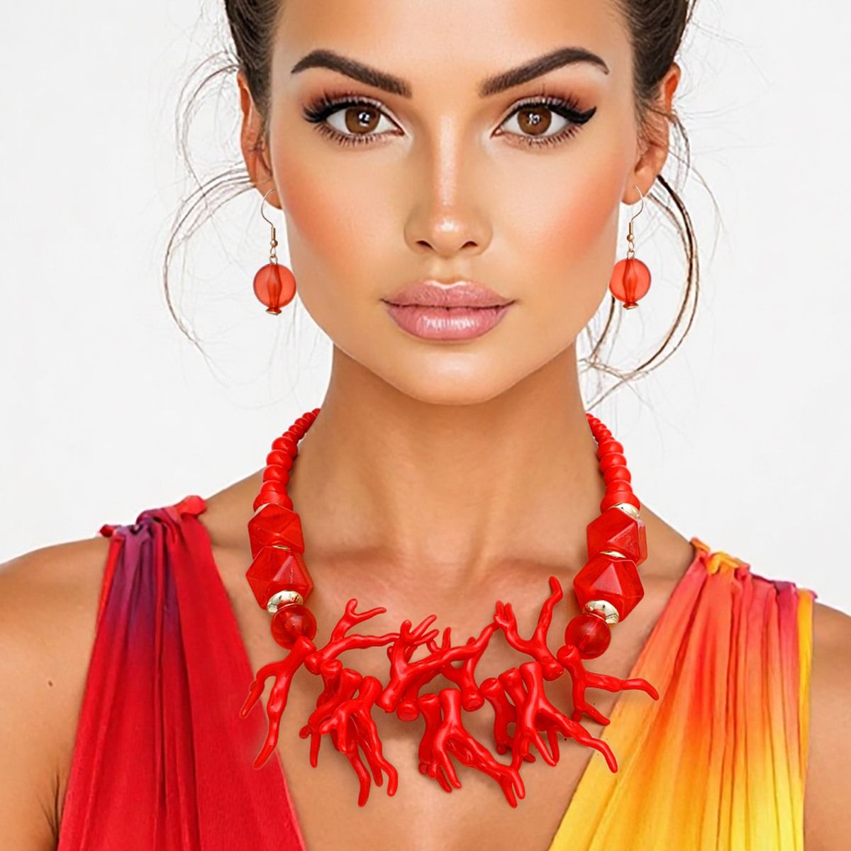 Coral Necklace Set Sculptural Collar with Earrings | Fashion Jewelry