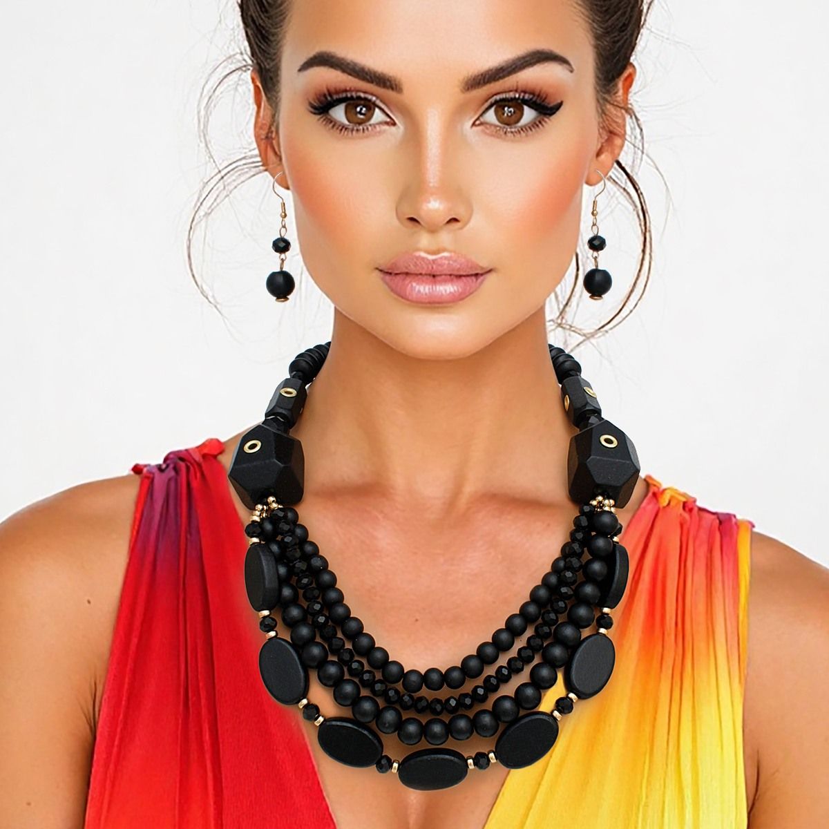 Black Wooden Geometric Bead Necklace Layered Set with Gold Grommets