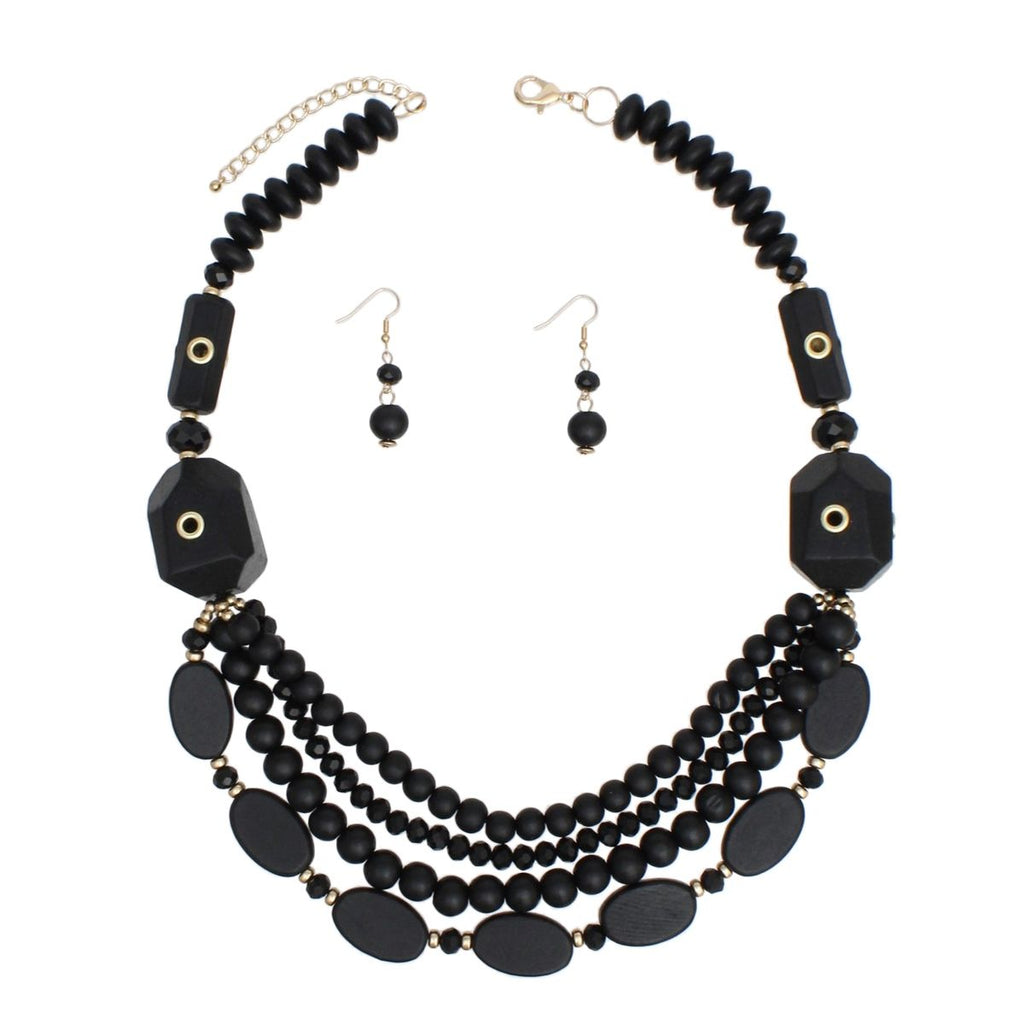 Black Wooden Geometric Bead Necklace Layered Set with Gold Grommets