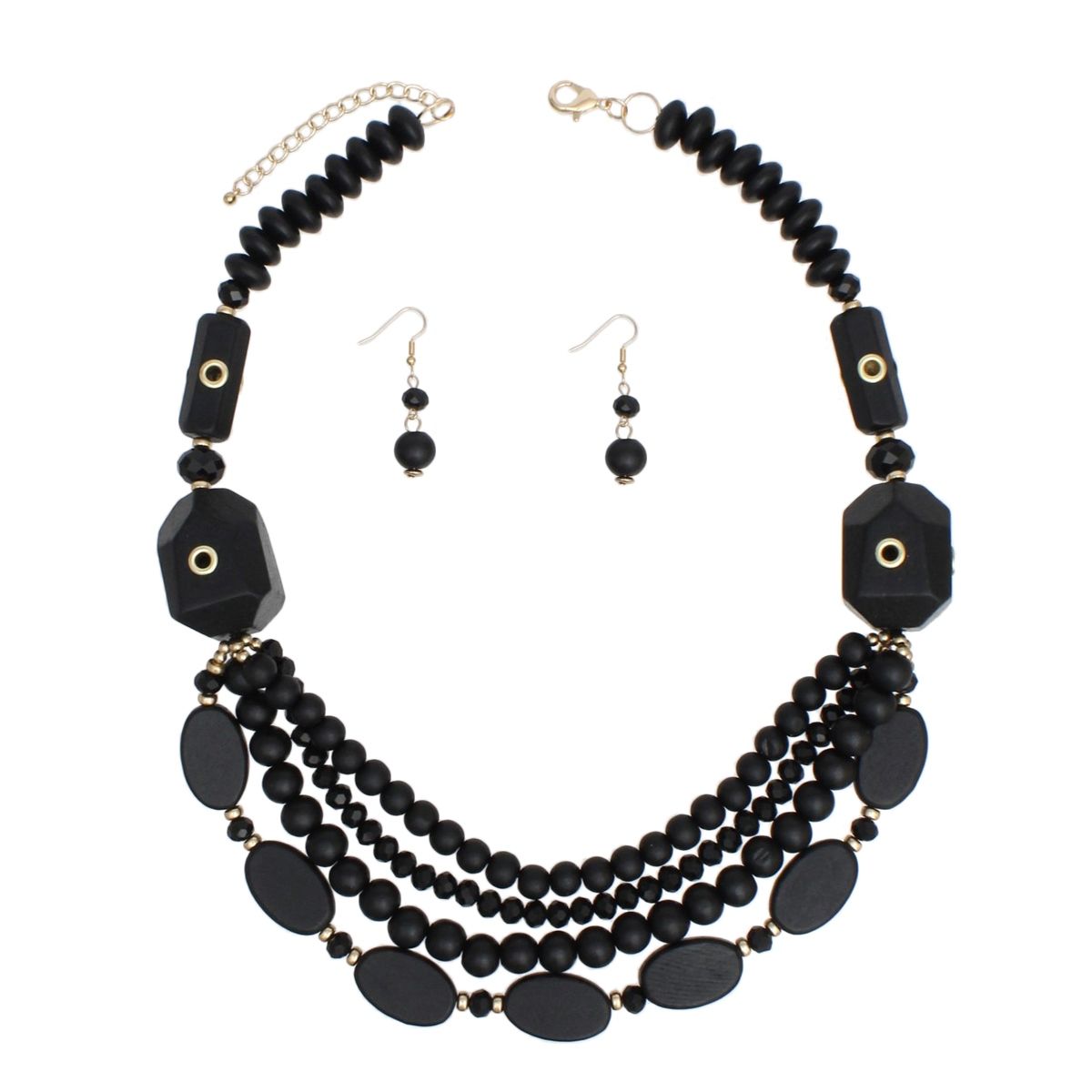 Black Wooden Geometric Bead Necklace Layered Set with Gold Grommets