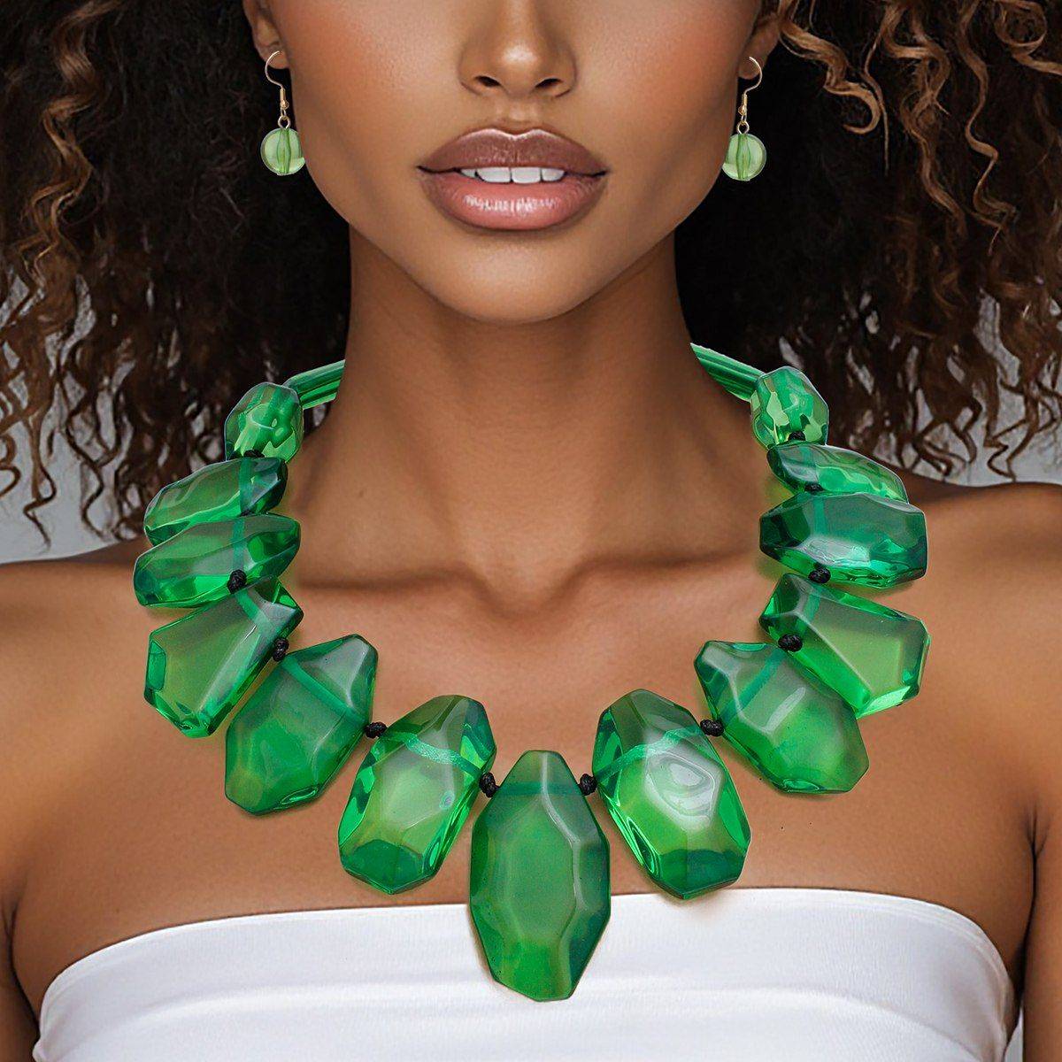 Chunky Green Acrylic Bead Necklace & Drop Earrings Set