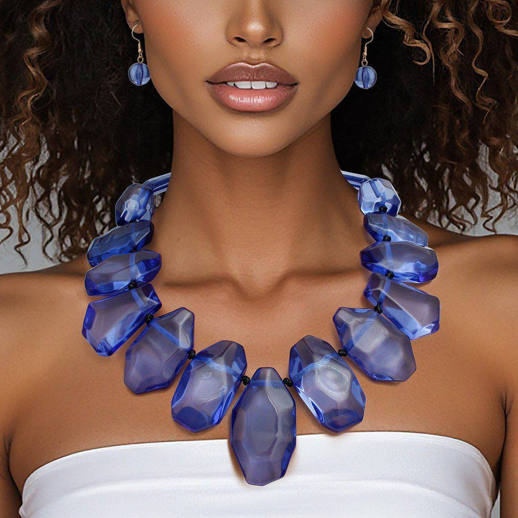 Chunky Blue Acrylic Bead Necklace & Drop Earrings Set