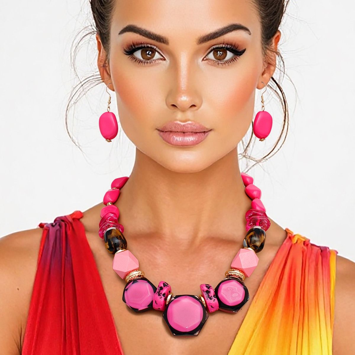 Chunky Fuchsia Beaded Necklace Set with Geometric Beads