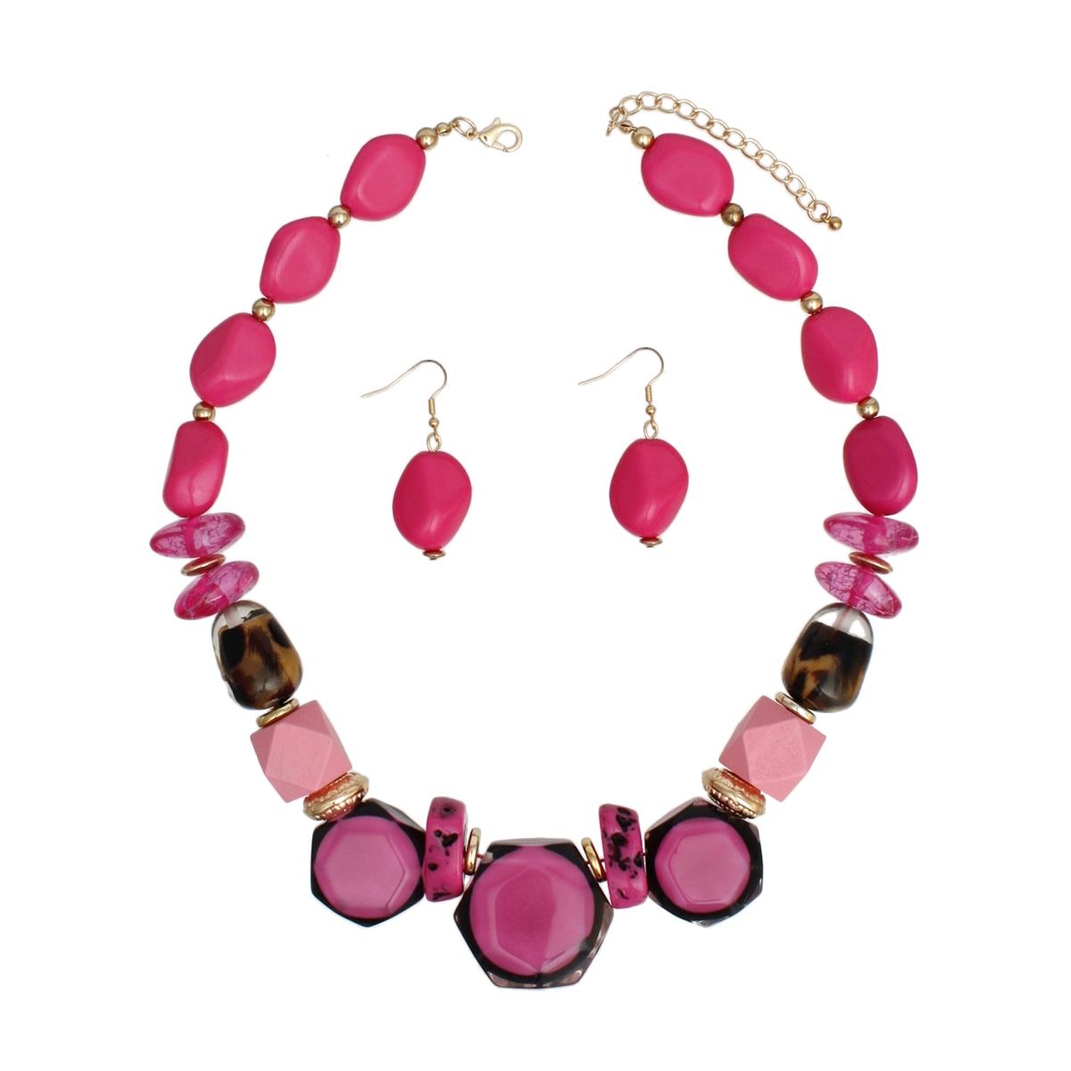 Chunky Fuchsia Beaded Necklace Set with Geometric Beads