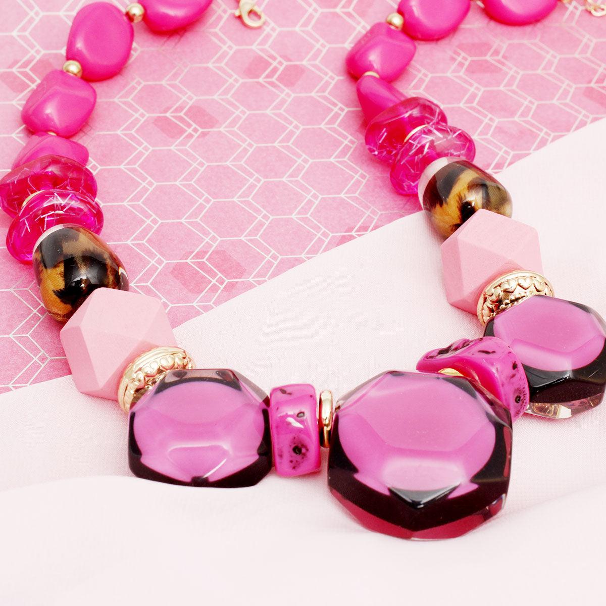 Chunky Fuchsia Beaded Necklace Set with Geometric Beads