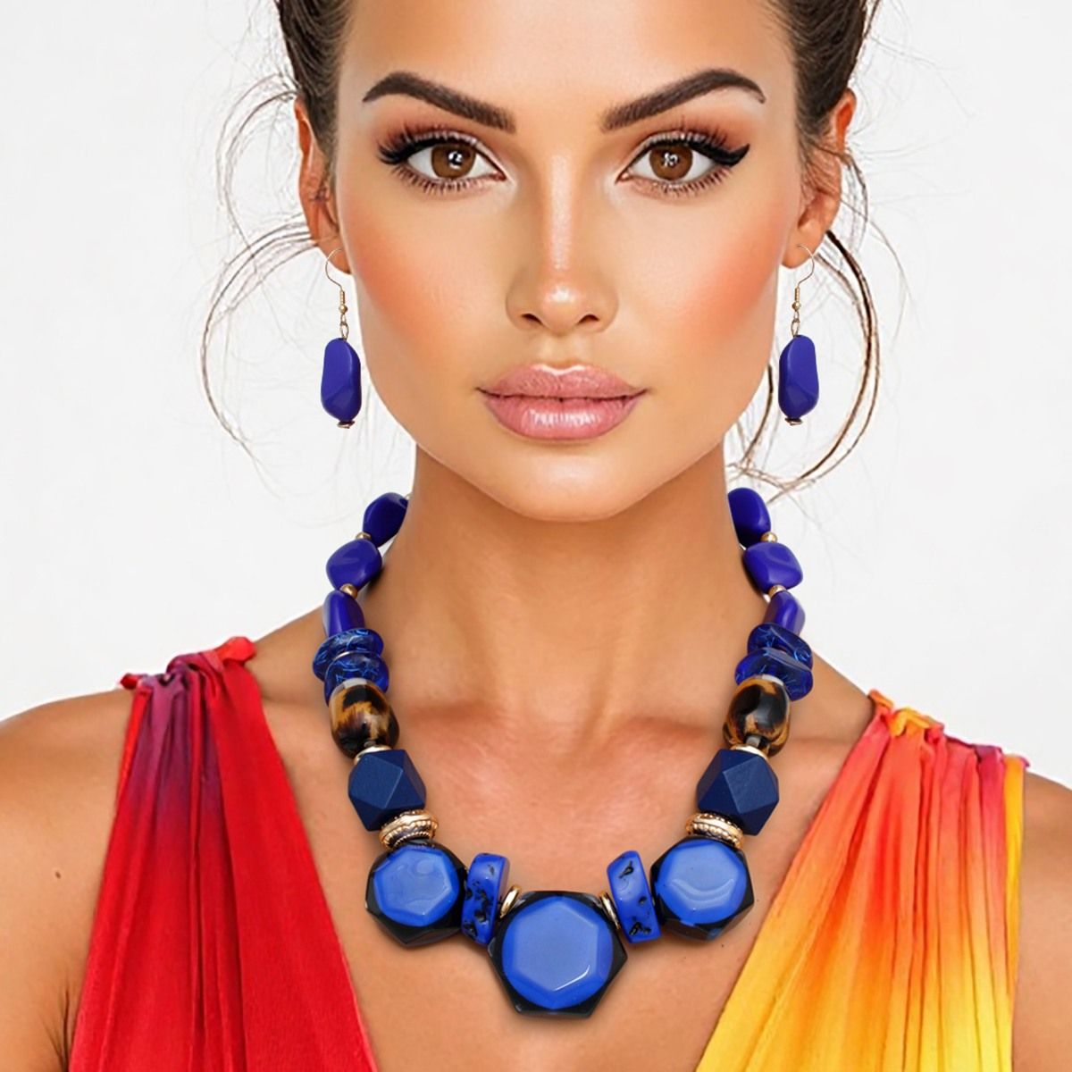 Chunky Royal Blue Necklace Set With Statement Beads And Earrings