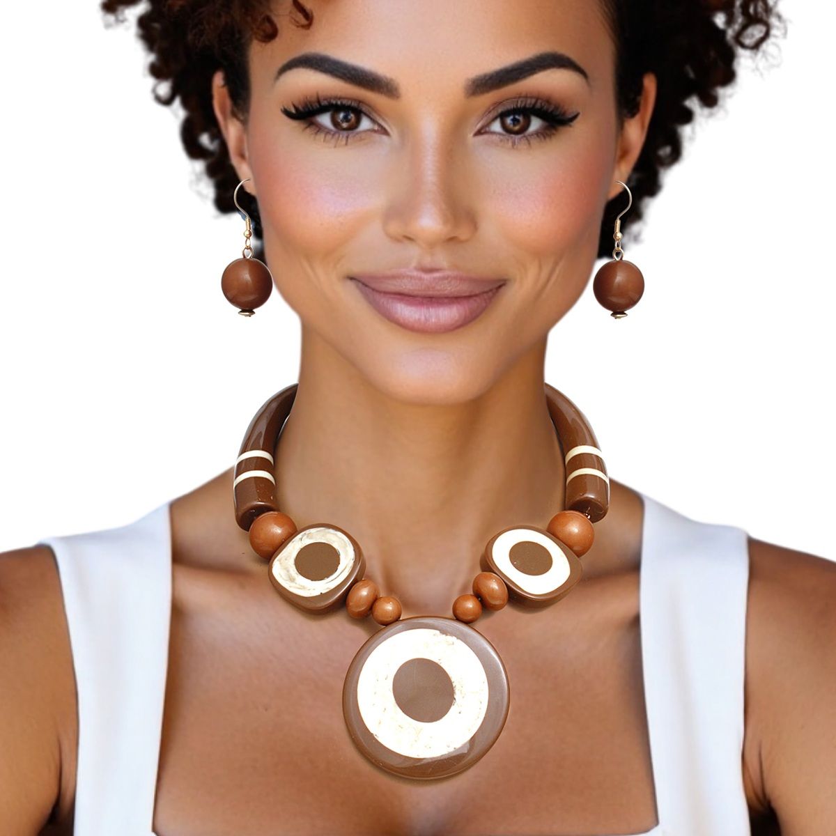 Brown Acrylic Statement Necklace Set with Buffalo Horn Beads | Fashion Jewelry