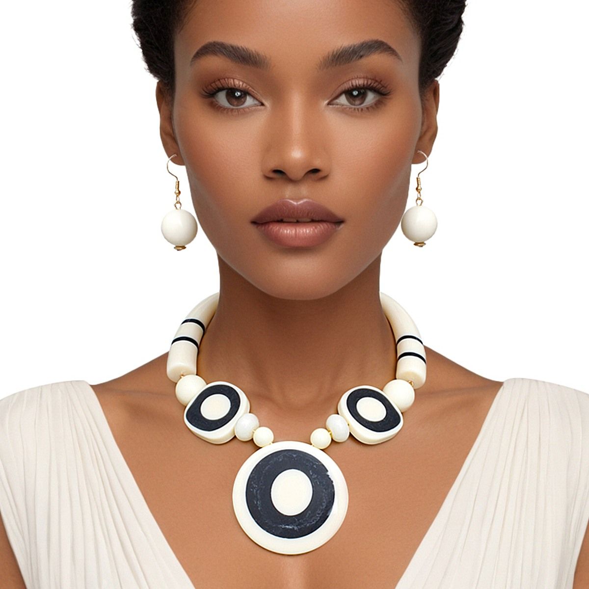Ivory Acrylic Statement Necklace Set with Buffalo Horn Beads | Fashion Jewelry