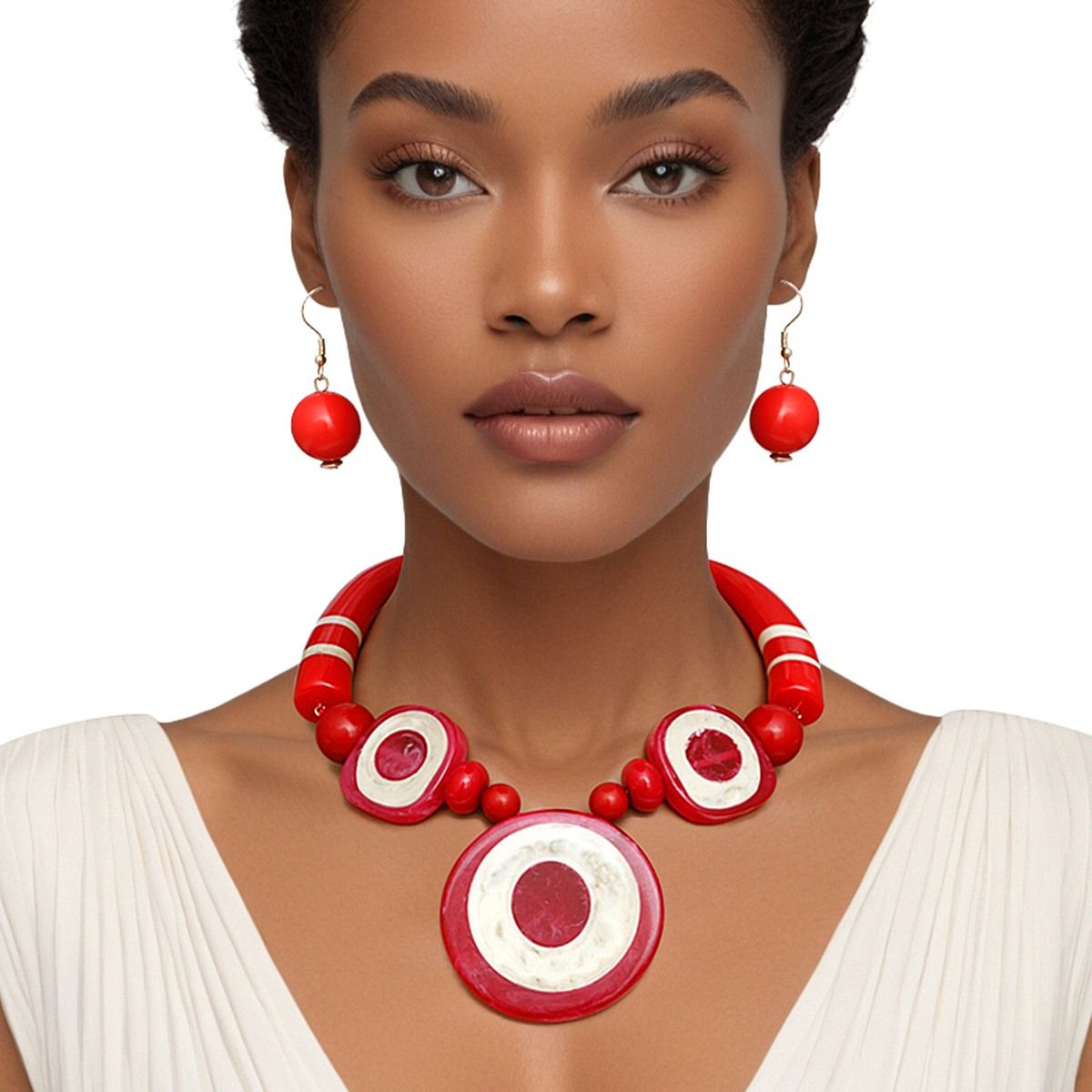 Red Acrylic Statement Necklace Set with Buffalo Horn Beads | Fashion Jewelry