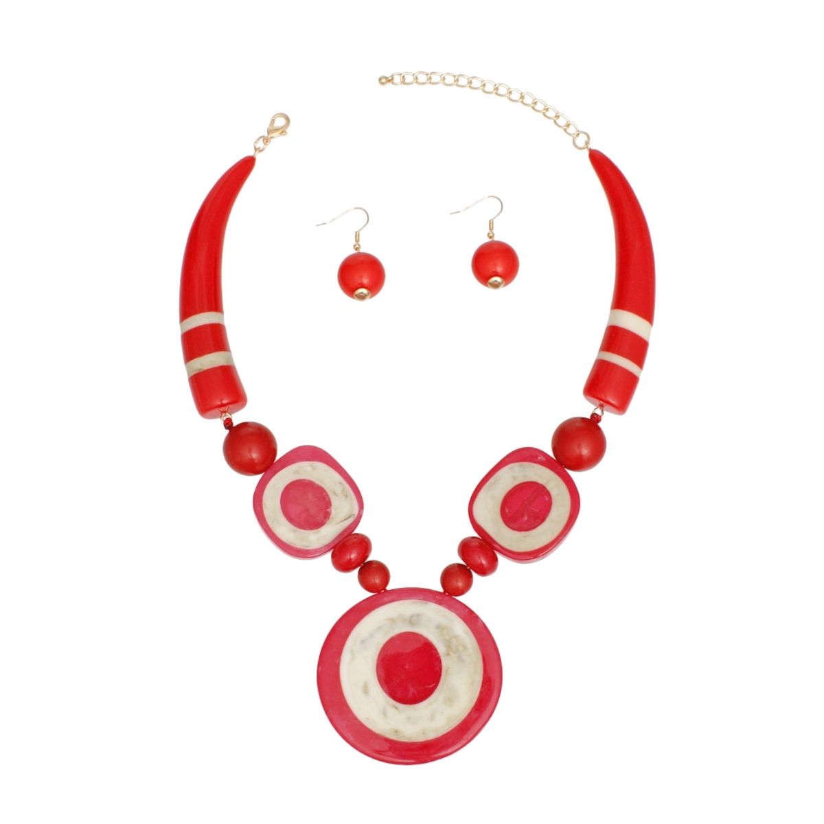 Red Acrylic Statement Necklace Set with Buffalo Horn Beads | Fashion Jewelry